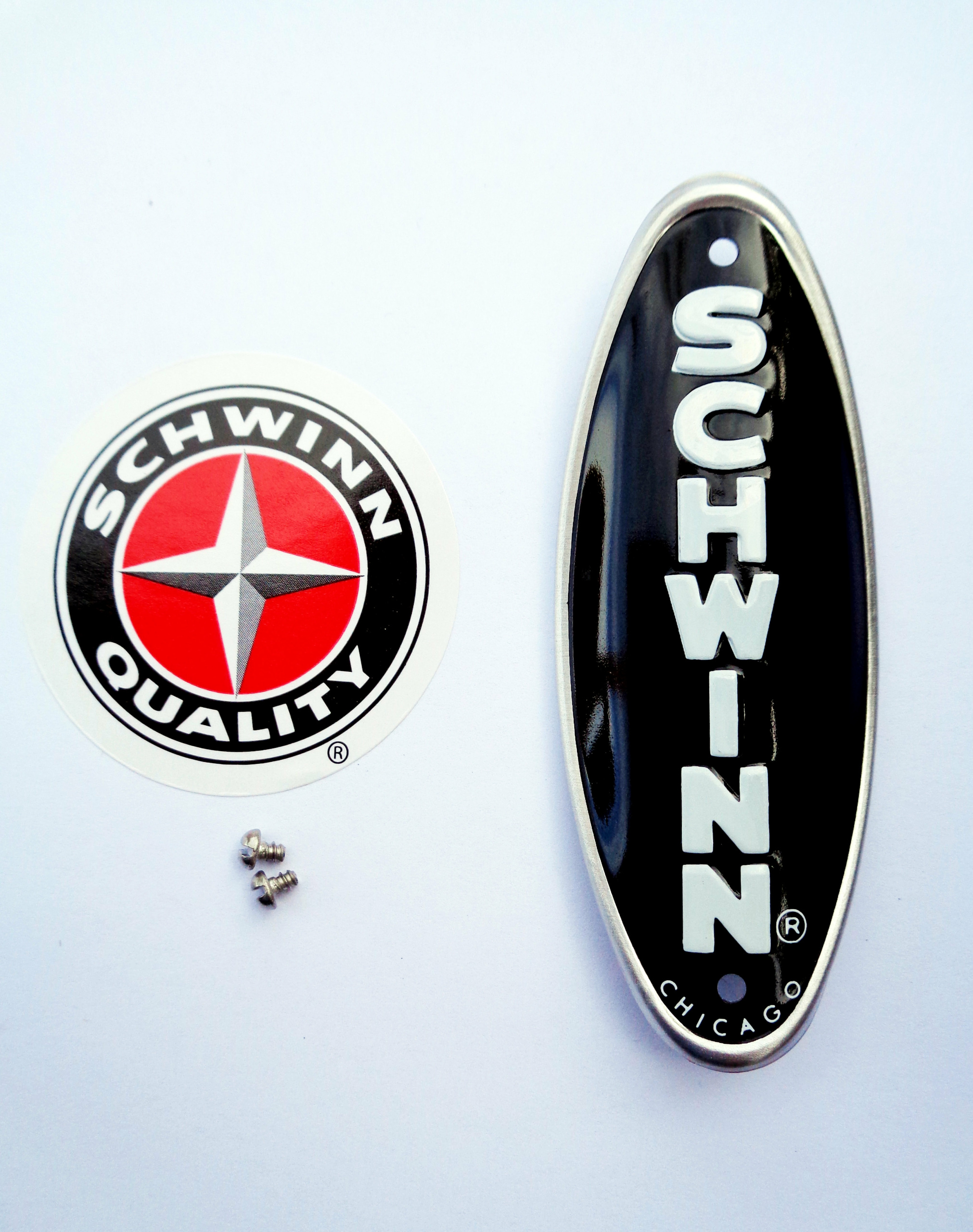 WHITE w/ BLACK LETTERS Genuine Schwinn Approved Bicycle Head Badge/Name Plate 
